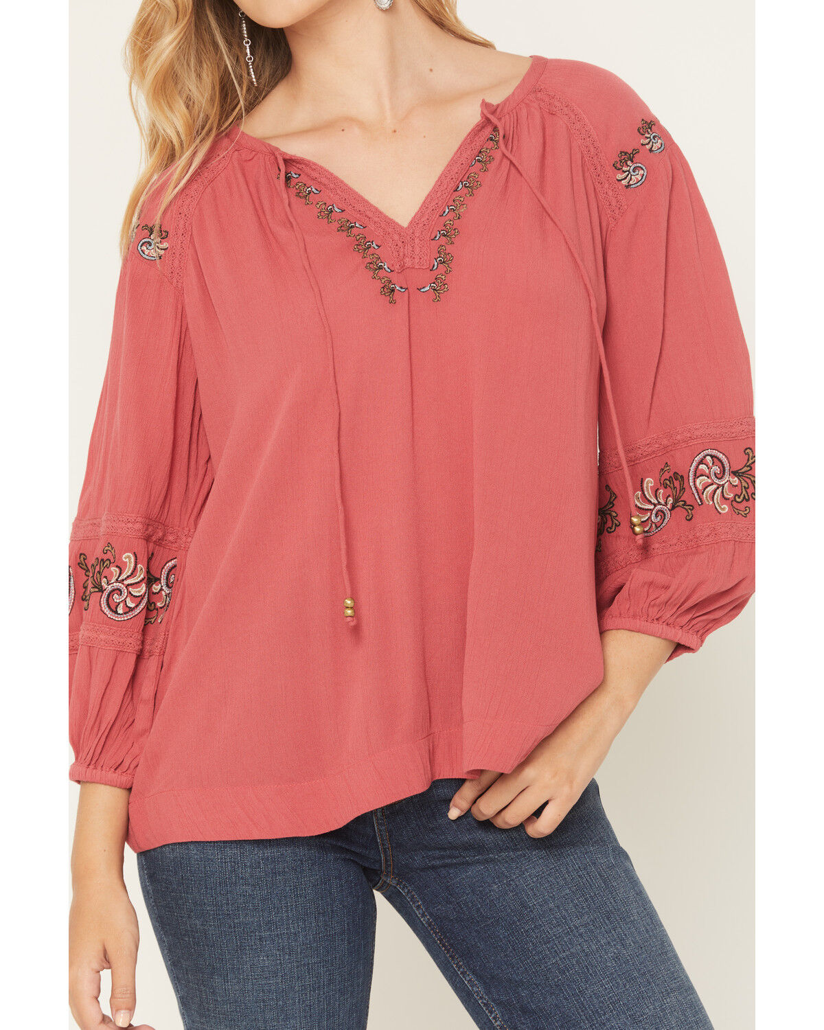 Image #3 - Shyanne Women's Barberry 3/4 Sleeve Embroidered Peasant Top, Dark Pink, hi-res
