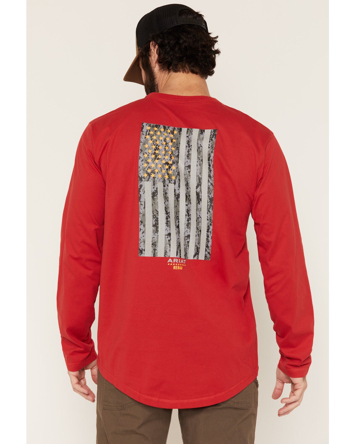 Image #1 - Ariat Men's Rebar Workman Reflective Flag Long Sleeve T-Shirt, Red, hi-res