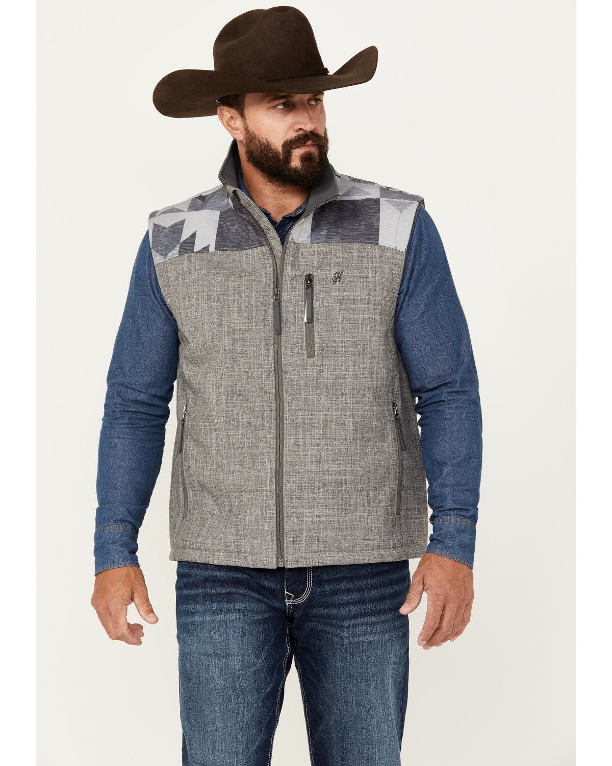 Hooey Men's Southwestern Print Softshell Vest, Grey, hi-res