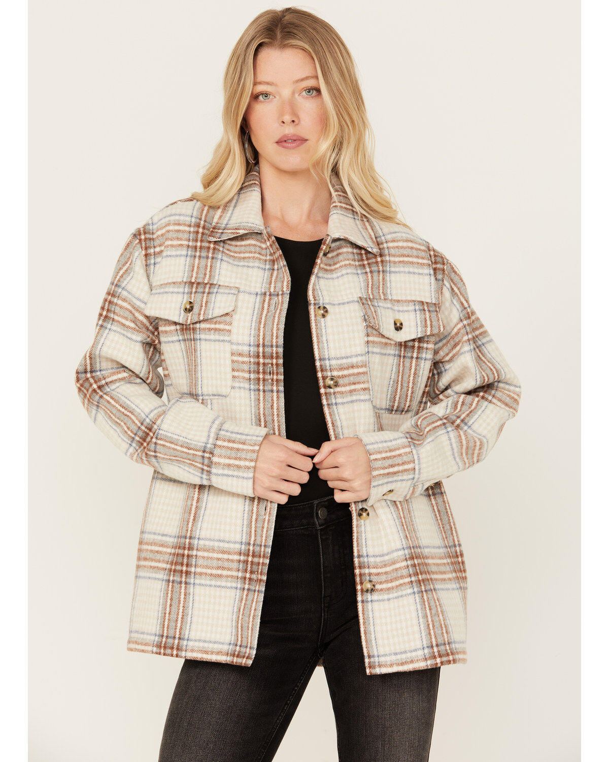 Image #1 - Cleo + Wolf Women's Flannel Shacket, Cream, hi-res