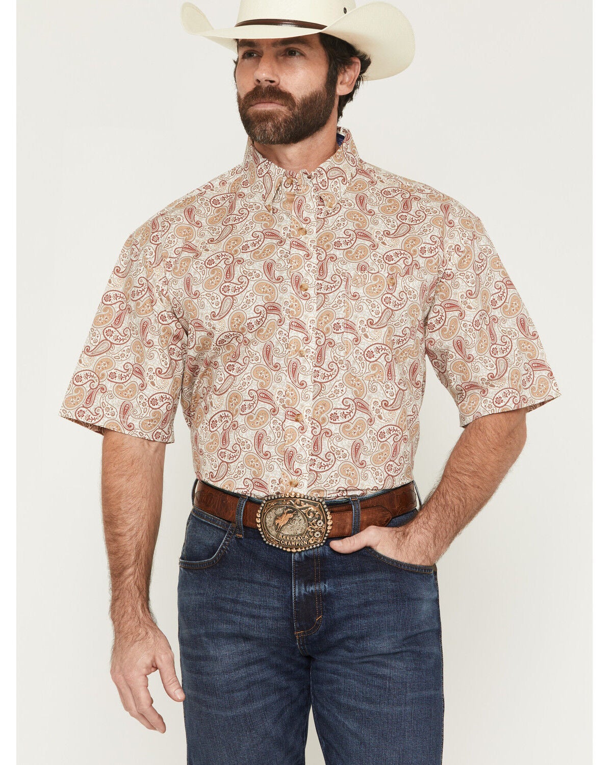 Image #1 - George Strait by Wrangler Men's Paisley Print Short Sleeve Button-Down Stretch Western Shirt - Tall, Tan, hi-res