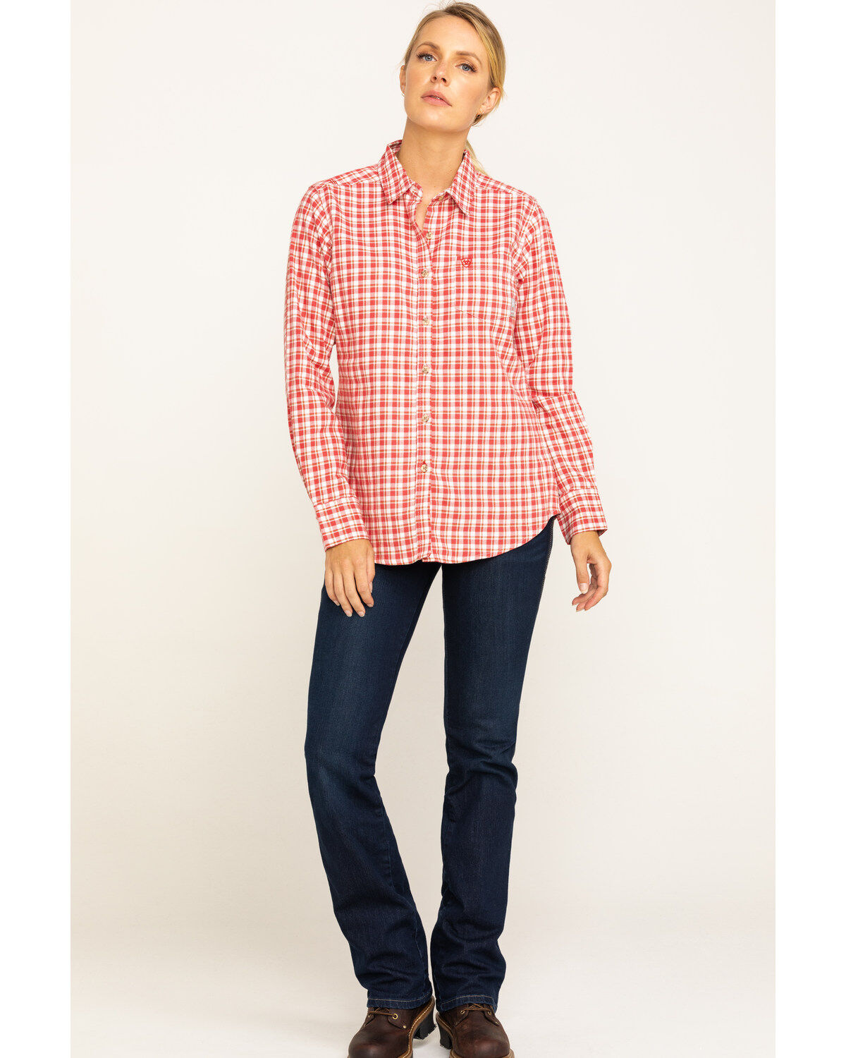 Image #6 - Ariat Women's Boot Barn Exclusive FR Talitha Plaid Long Sleeve Work Shirt, Red, hi-res