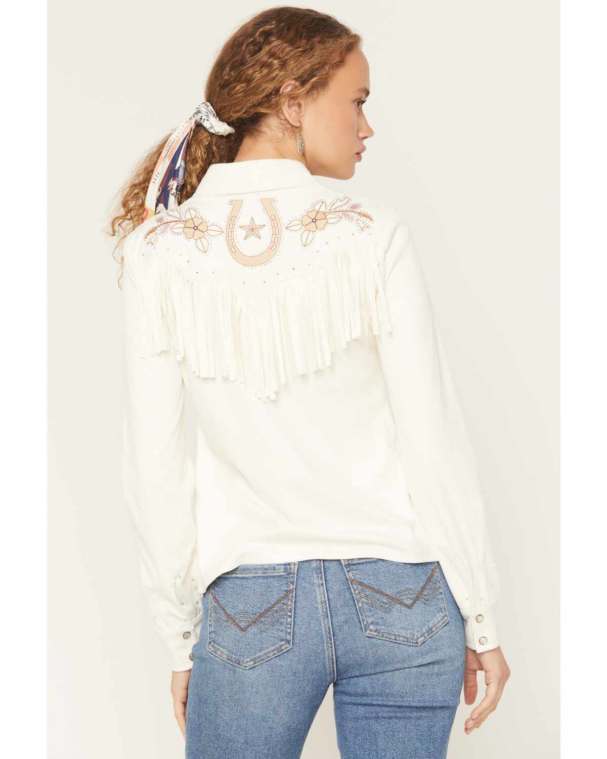 Image #4 - Idyllwind Women's Randy Embroidered Faux Suede Long Sleeve Snap Western Shirt, White, hi-res