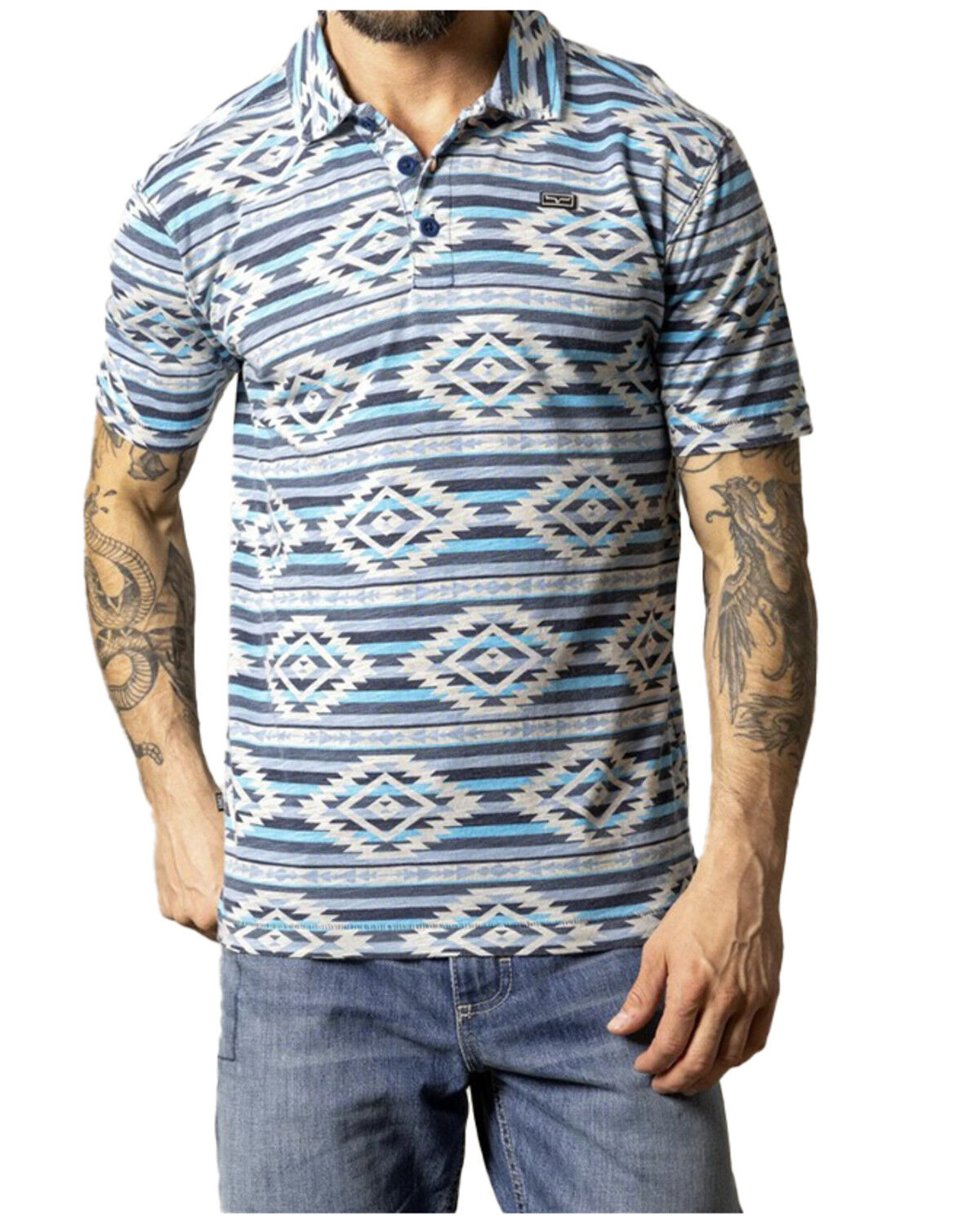 Image #1 - Kimes Ranch Men's Tulum Southwestern Striped Short Sleeve Button-Down Polo, Navy, hi-res