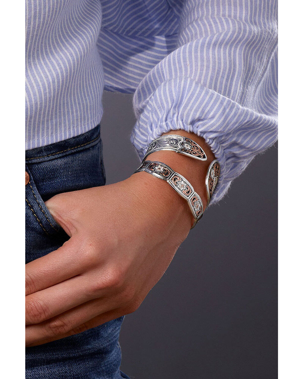 Image #3 - Montana Silversmiths Women's Classic Rose Gold Flower Swirl Cuff Bracelet, Multi, hi-res