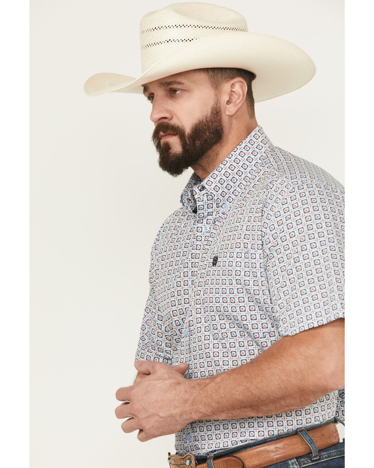 Image #2 - Cinch Men's Floral Geo Print Short Sleeve Button-Down Western Shirt, Light Blue, hi-res