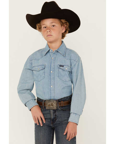 Image #1 - Wrangler Boys' Denim Long Sleeve Snap Western Shirt, Stonewash, hi-res