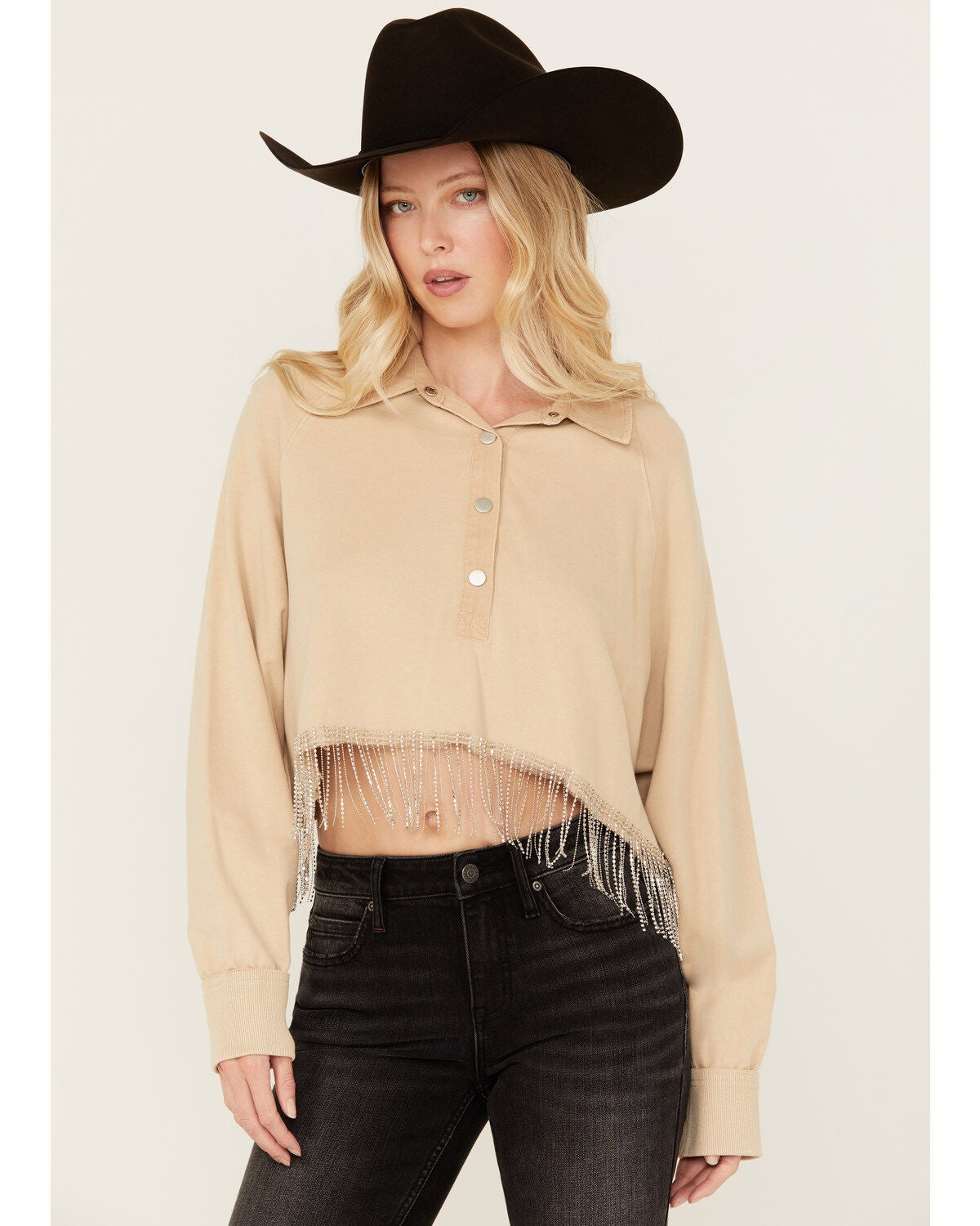 Blue B Women's Rhinestone Fringe Long Sleeve Cropped Henley Shirt, Taupe, hi-res