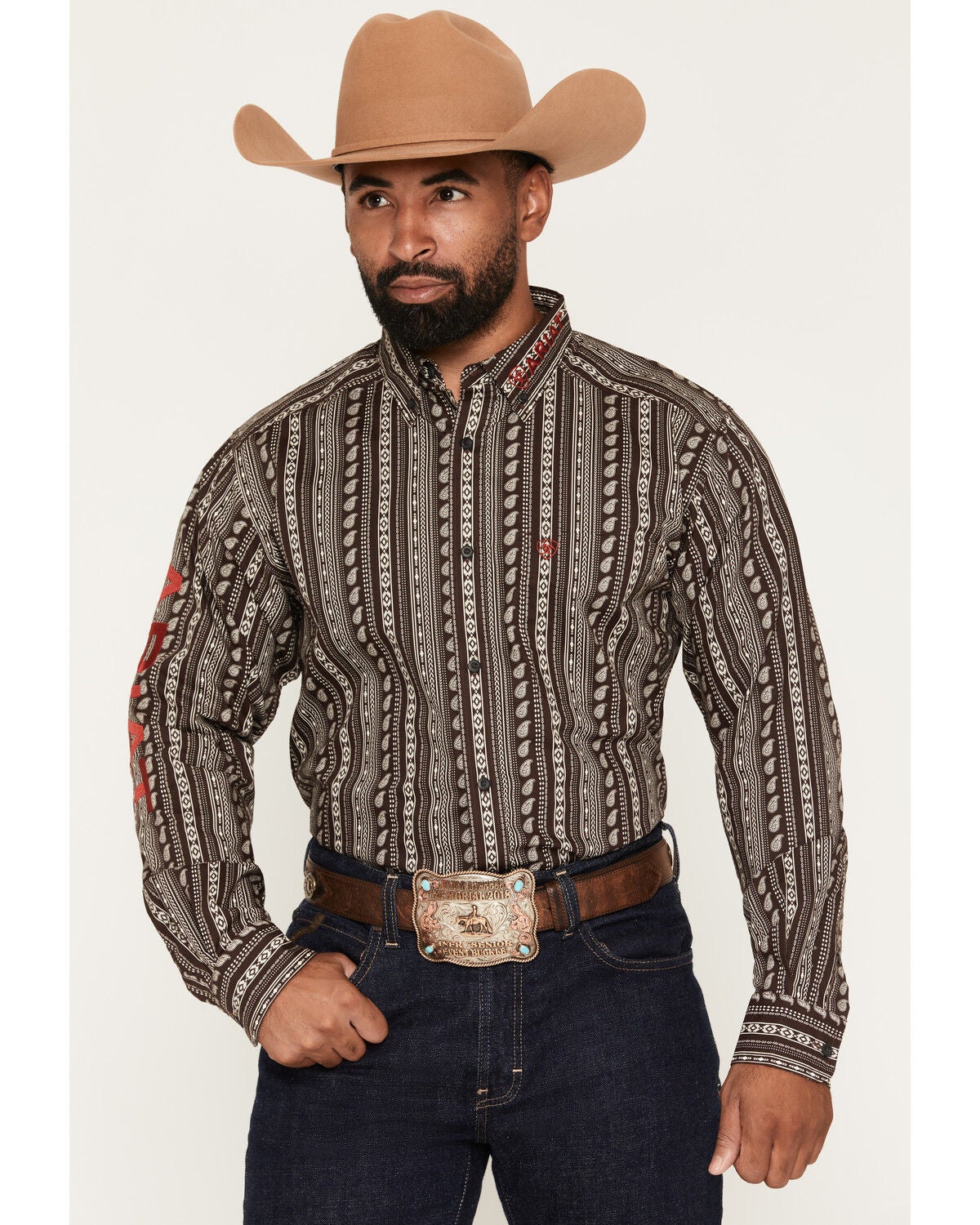 Ariat Men's Team Ean Southwestern Striped Print Long Sleeve Button-Down Western Shirt, Chocolate, hi-res