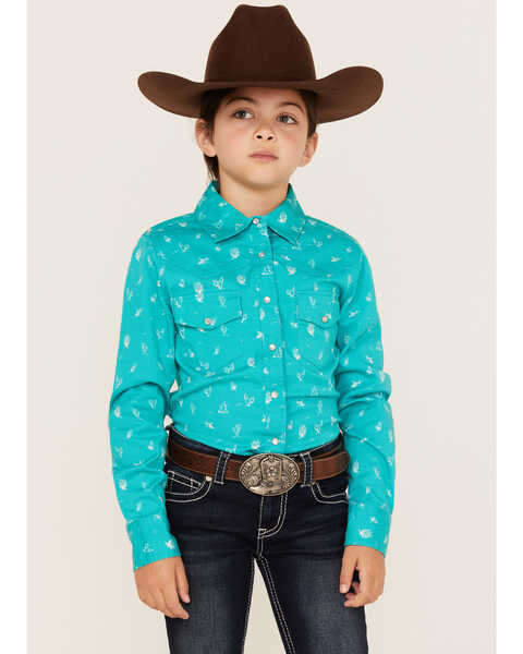 Image #1 - Shyanne Girls' Cactus Print Long Sleeve Western Pearl Snap Shirt, Turquoise, hi-res