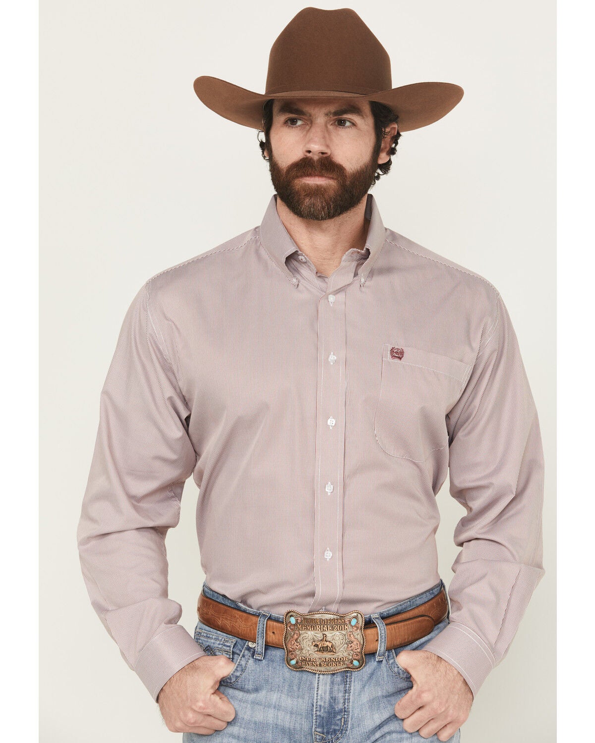 Cinch Men's Striped Print Tencel Long Sleeve Button-Down Western Shirt, Pink, hi-res