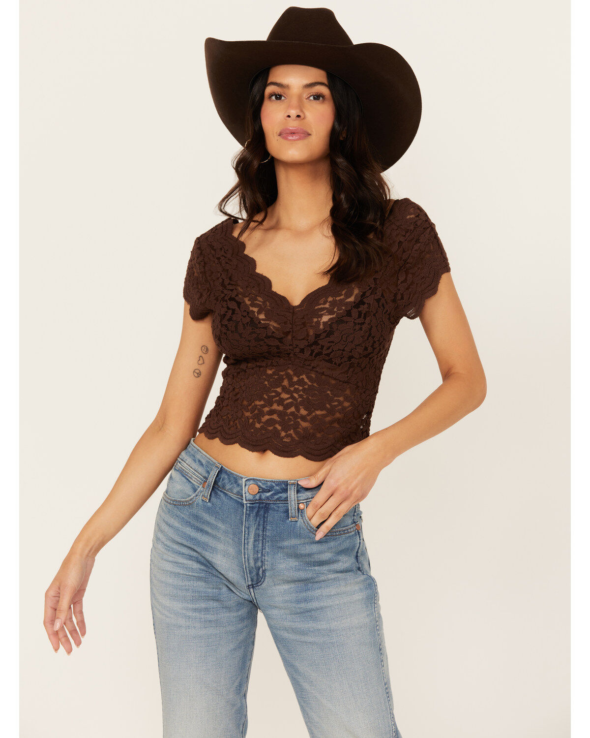 Image #1 - Shyanne Women's Flutter Sleeve Lace Crop Top, Dark Brown, hi-res
