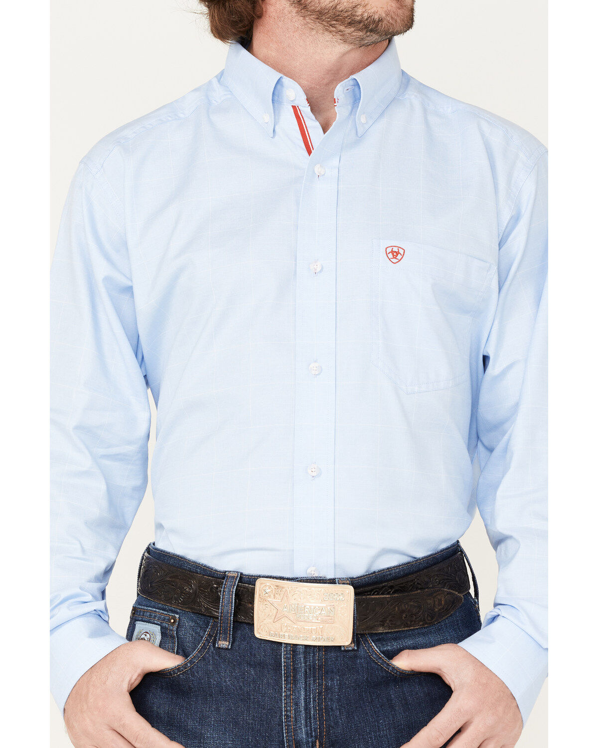 Image #4 - Ariat Men's Fisher Windowpane Plaid Print Long Sleeve Button Down Western Shirt, Blue, hi-res