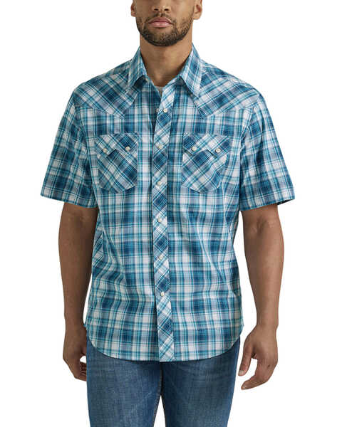 Wrangler Retro Men's Plaid Print Short Sleeve Snap Western Shirt - Tall, Turquoise, hi-res