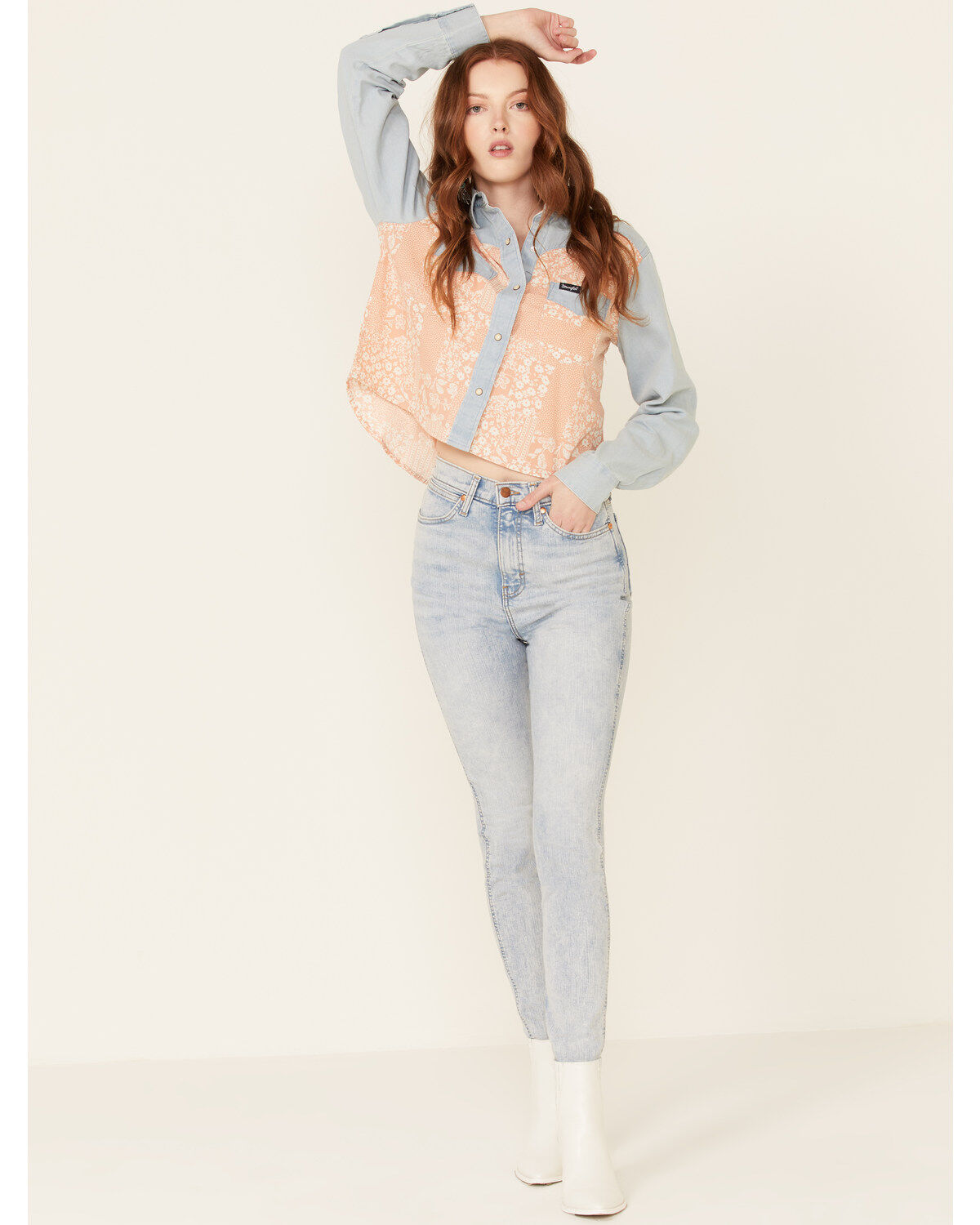 Image #2 - Wrangler Women's Chambray Floral Overlay Long Sleeve Snap Western Shirt, Mauve, hi-res
