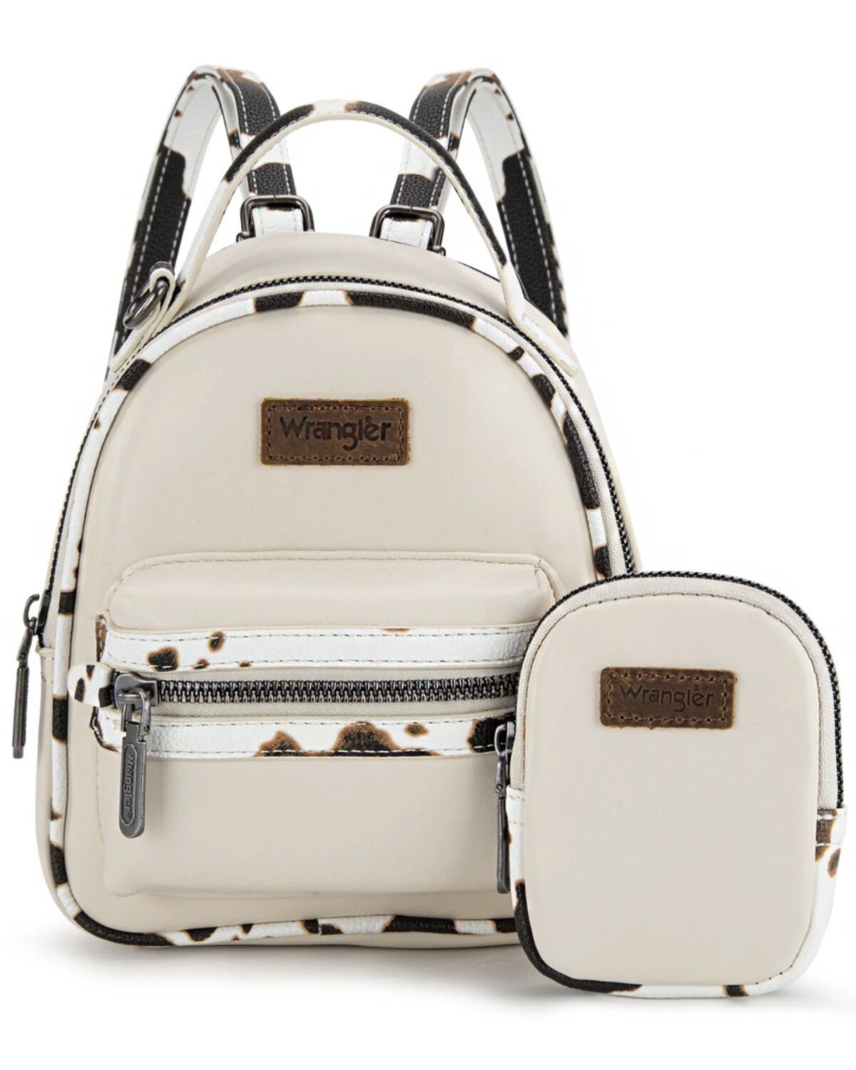 Wrangler Women's Cow Print Trim Mini Backpack with Coin Pouch, Tan, hi-res