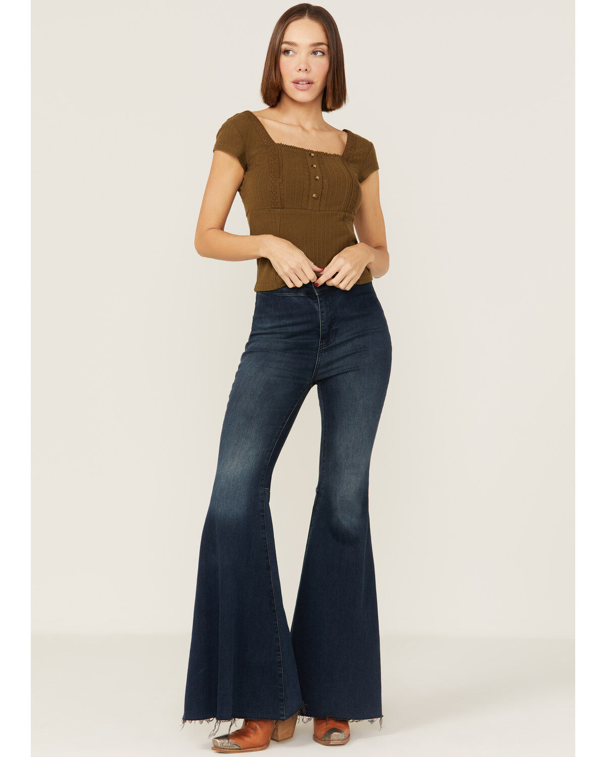 Image #4 - Shyanne Women's Square Neck Green Pointelle Top, Green/brown, hi-res