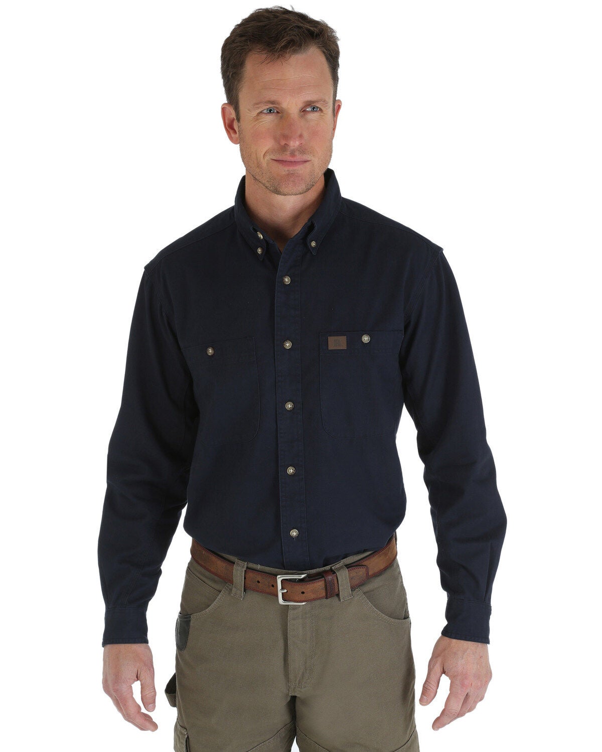Wrangler Riggs Men's Solid Twill Long Sleeve Work Shirt, Navy, hi-res