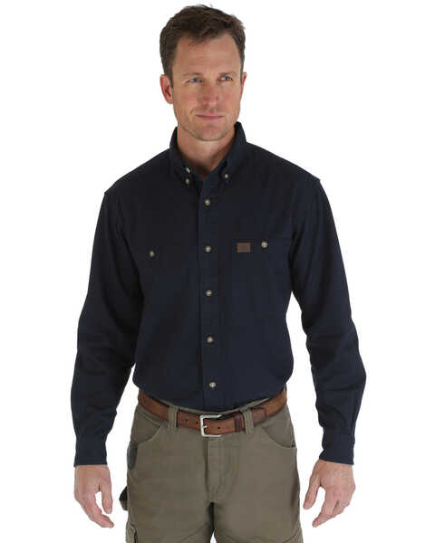 Image #1 - Wrangler Riggs Men's Solid Twill Long Sleeve Work Shirt , Navy, hi-res