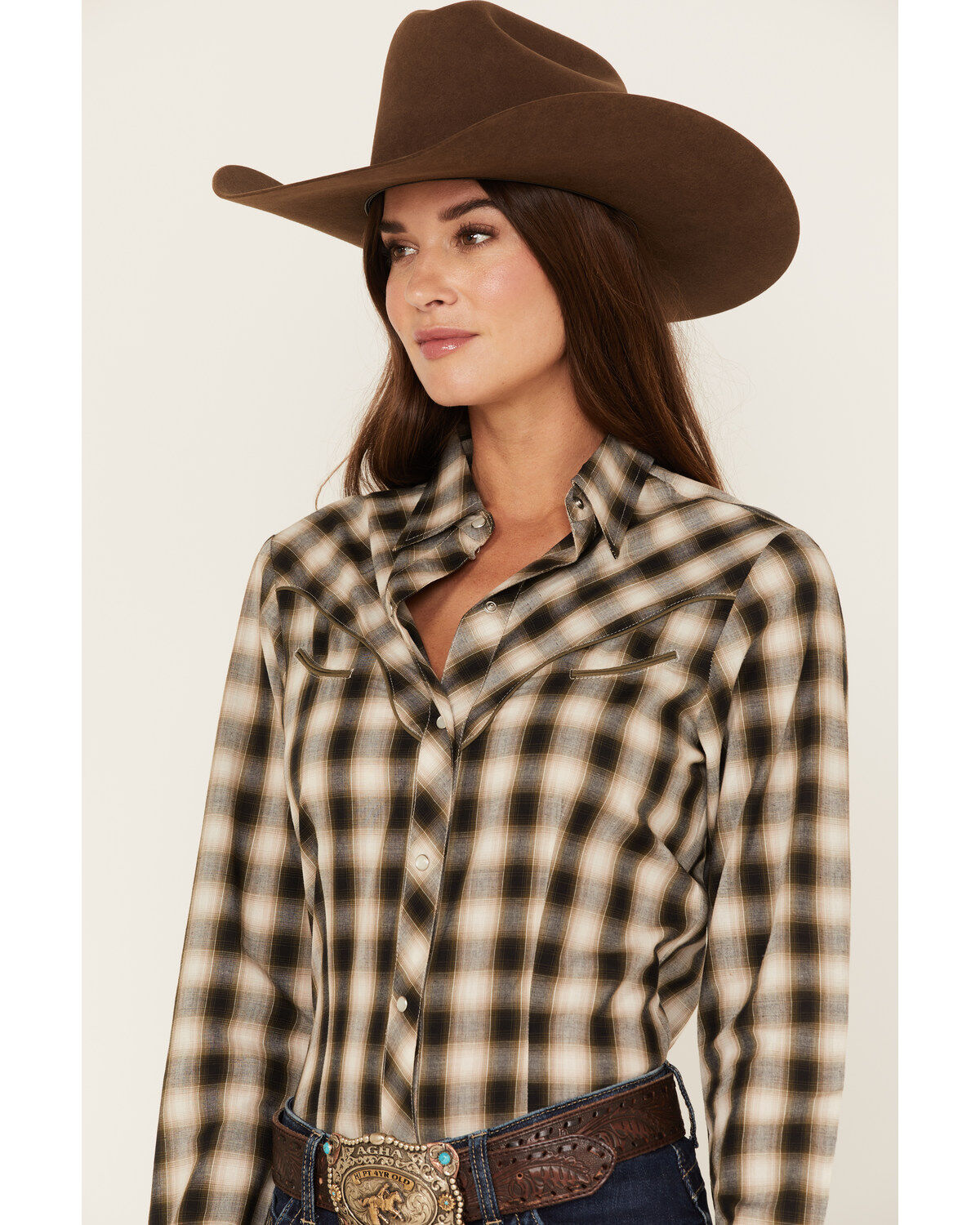 Image #2 - Roper Women's Plaid Print Long Sleeve Pearl Snap Western Shirt, Olive, hi-res