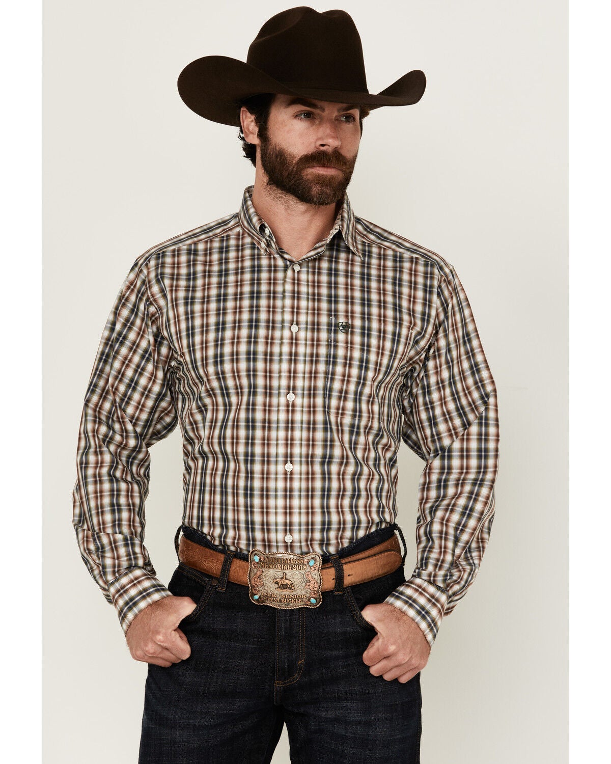 Ariat Men's Wrinkle Free Folk Plaid Print Long Sleeve Button-Down Western Shirt, Brown, hi-res