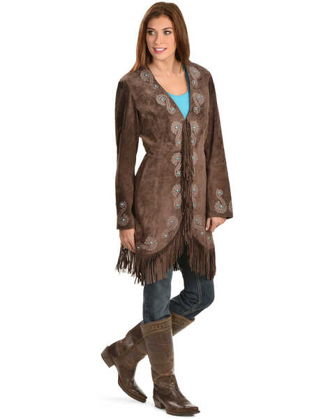 Scully Women's Fringe Embroidered Suede Coat, Brown, hi-res