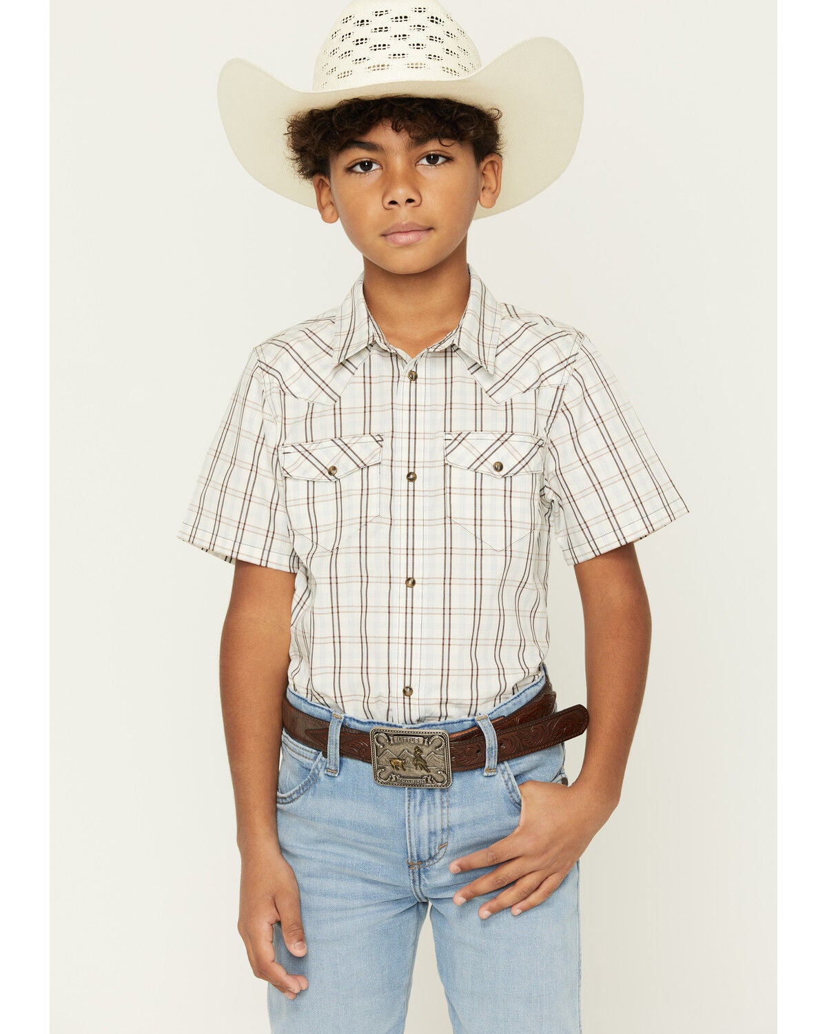 Image #1 - Gibson Trading Co Boys' Southern Trail Plaid Print Short Sleeve Snap Western Shirt, Cream, hi-res