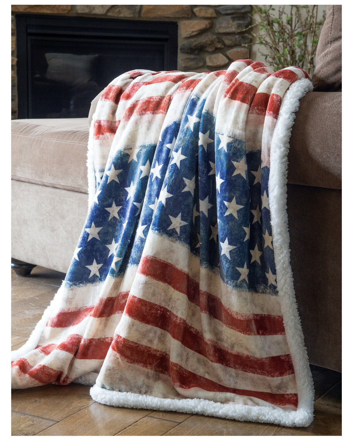 Image #1 - Carstens Home Wrangler Stars & Stripes USA American Flag Sherpa Fleece Throw Blanket, Blue, hi-res