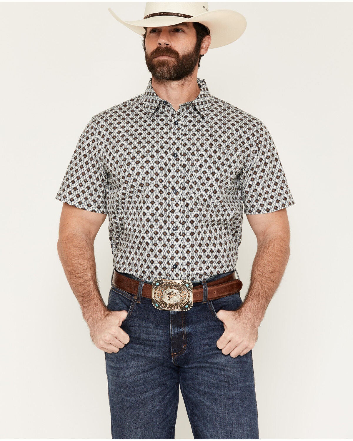 Gibson Trading Co Men's Old Time Geo Print Short Sleeve Button-Down Western Shirt, Ivory, hi-res