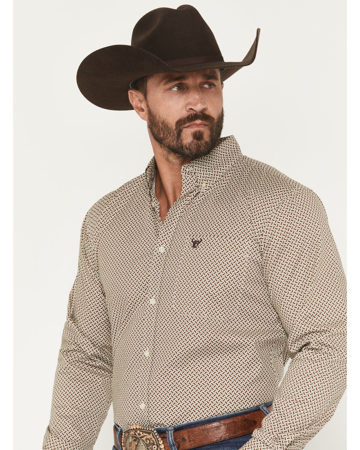 Image #2 - Cowboy Hardware Men's Basket Weave Geo Print Long Sleeve Button-Down Stretch Western Shirt, Tan, hi-res