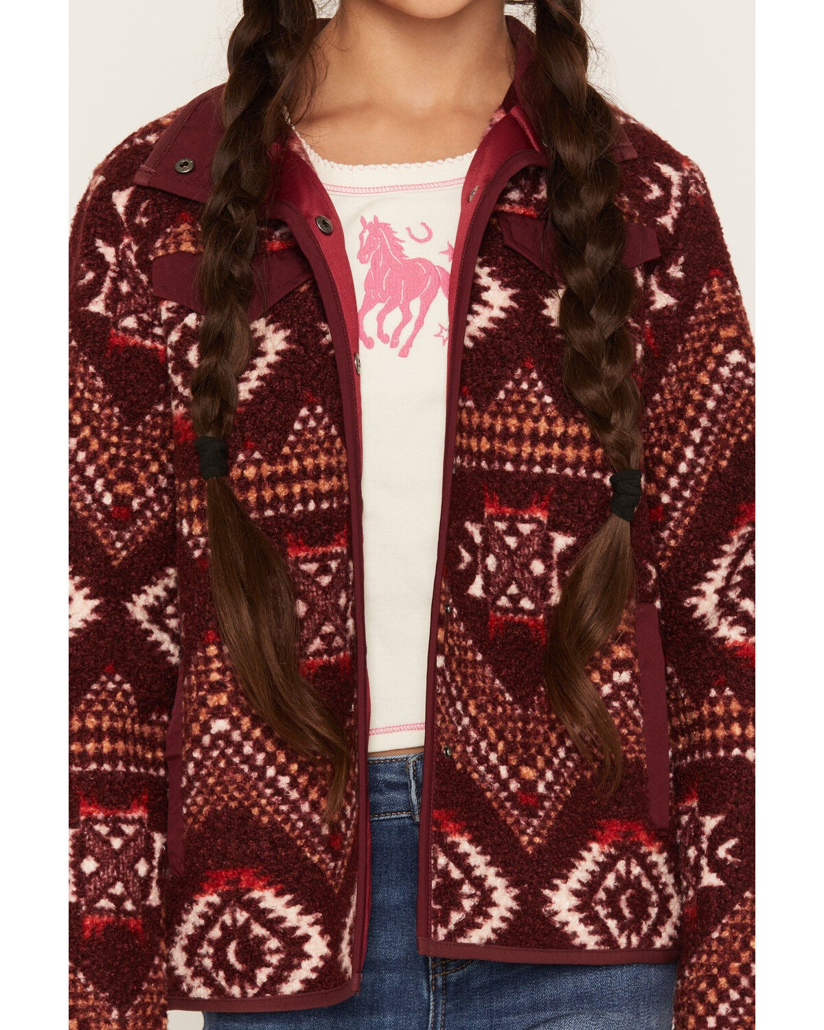 Image #3 - Panhandle Slim Girls' Southwestern Print Berber Jacket, Burgundy, hi-res