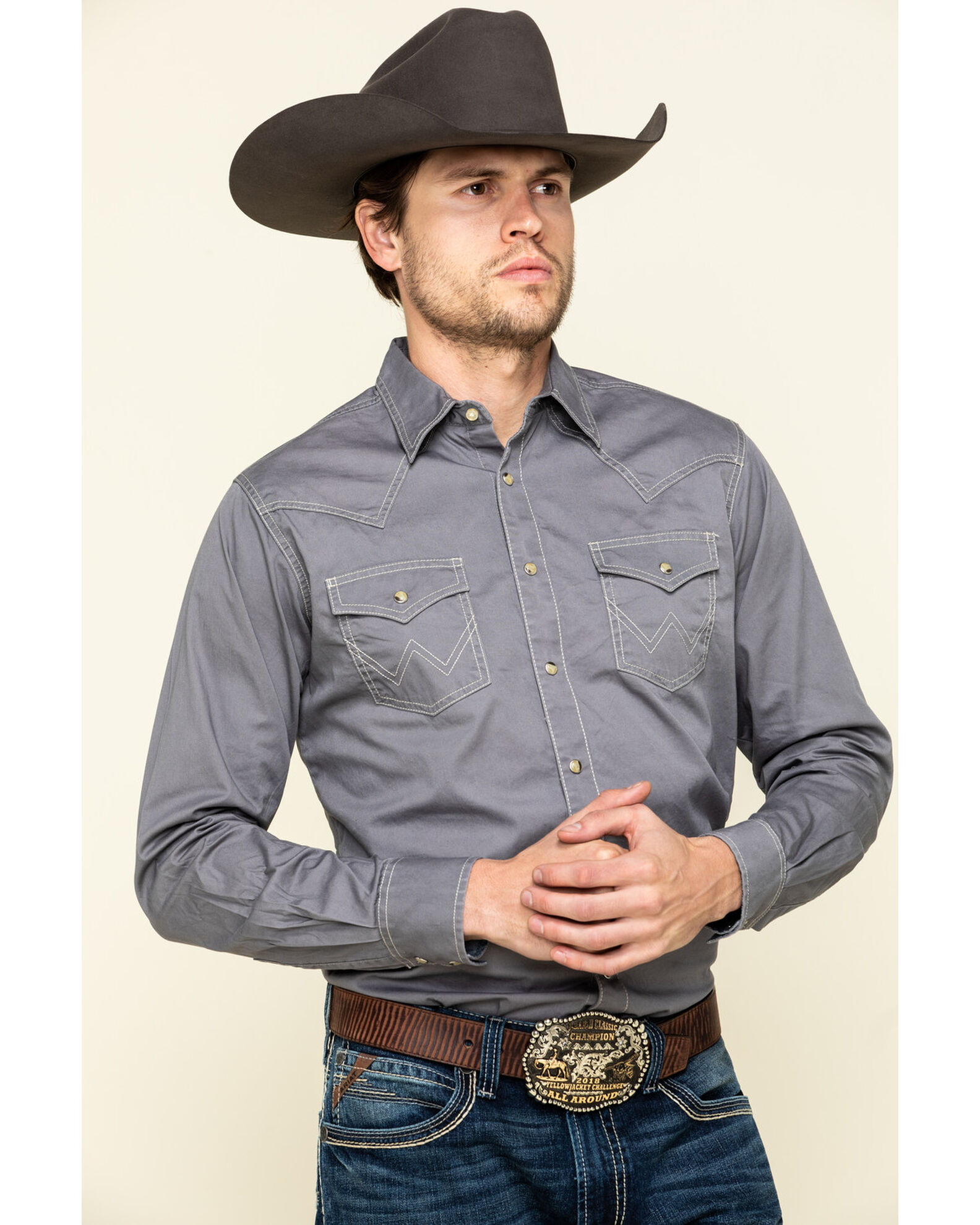 Wrangler Retro Men's Premium Grey Solid Long Sleeve Western Shirt