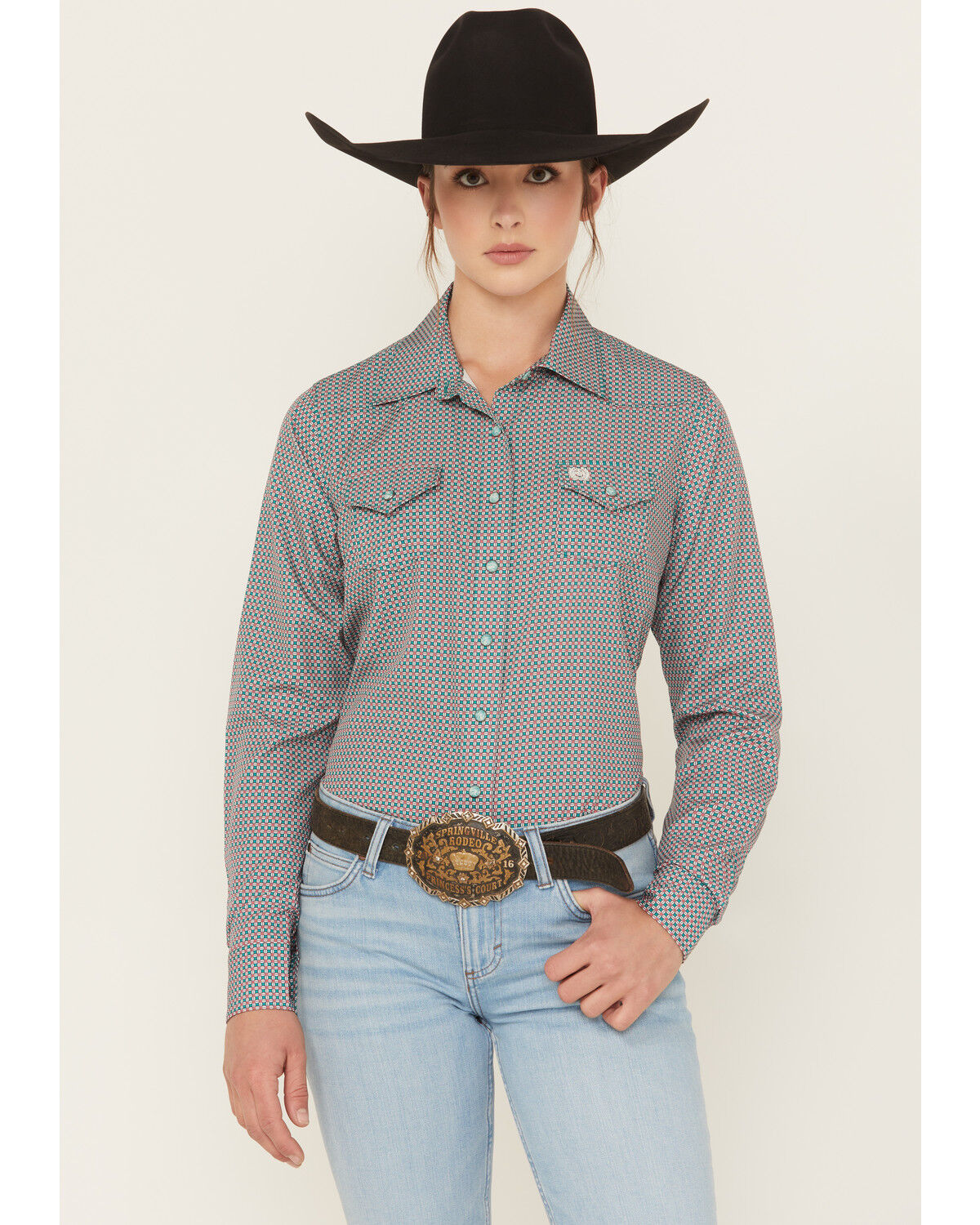 Cinch Women's Geo Print Long Sleeve Snap Stretch Western Shirt, Green, hi-res