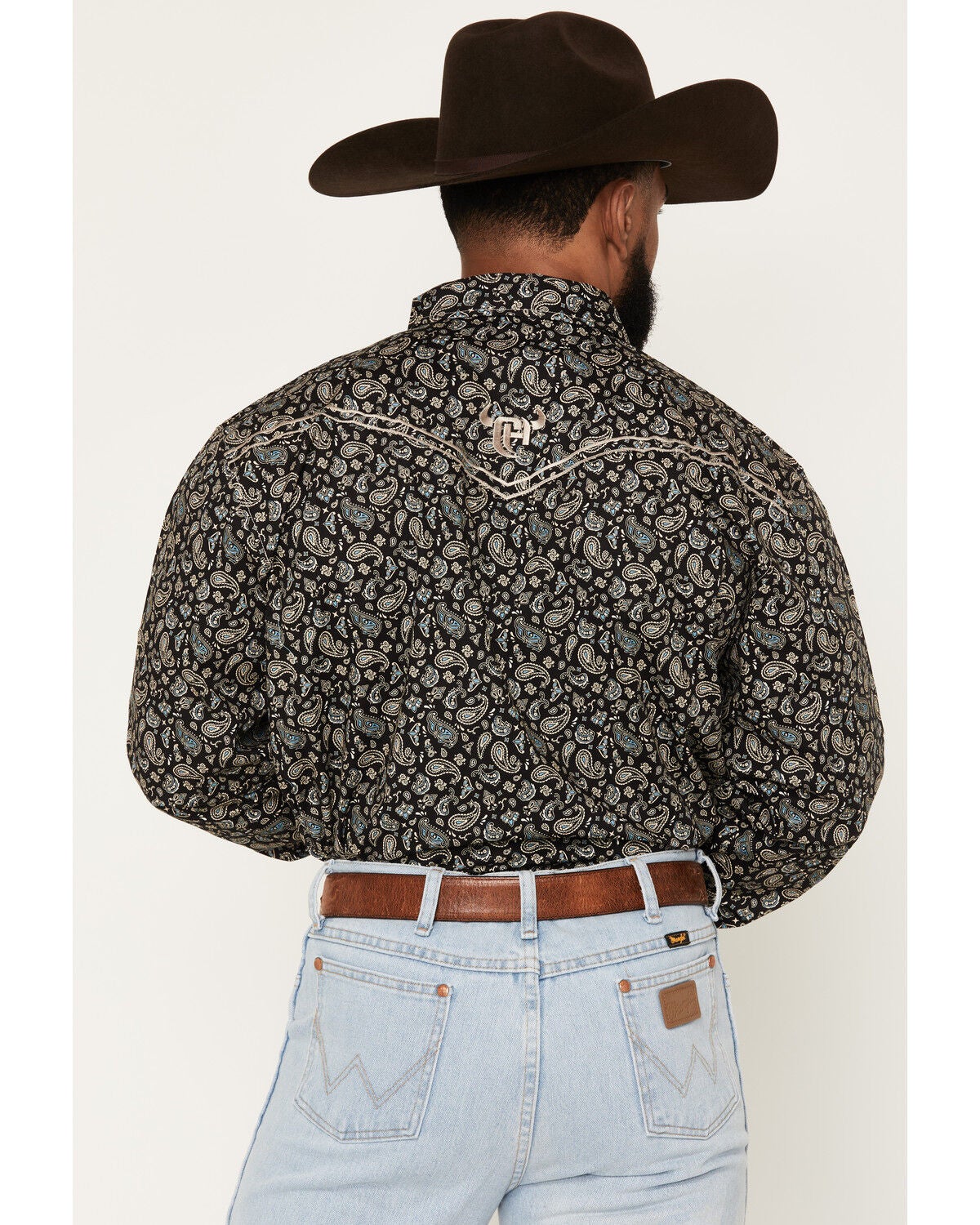 Image #4 - Cowboy Hardware Men's Scatter Paisley Print Long Sleeve Pearl Snap Stretch Western Shirt, Black, hi-res