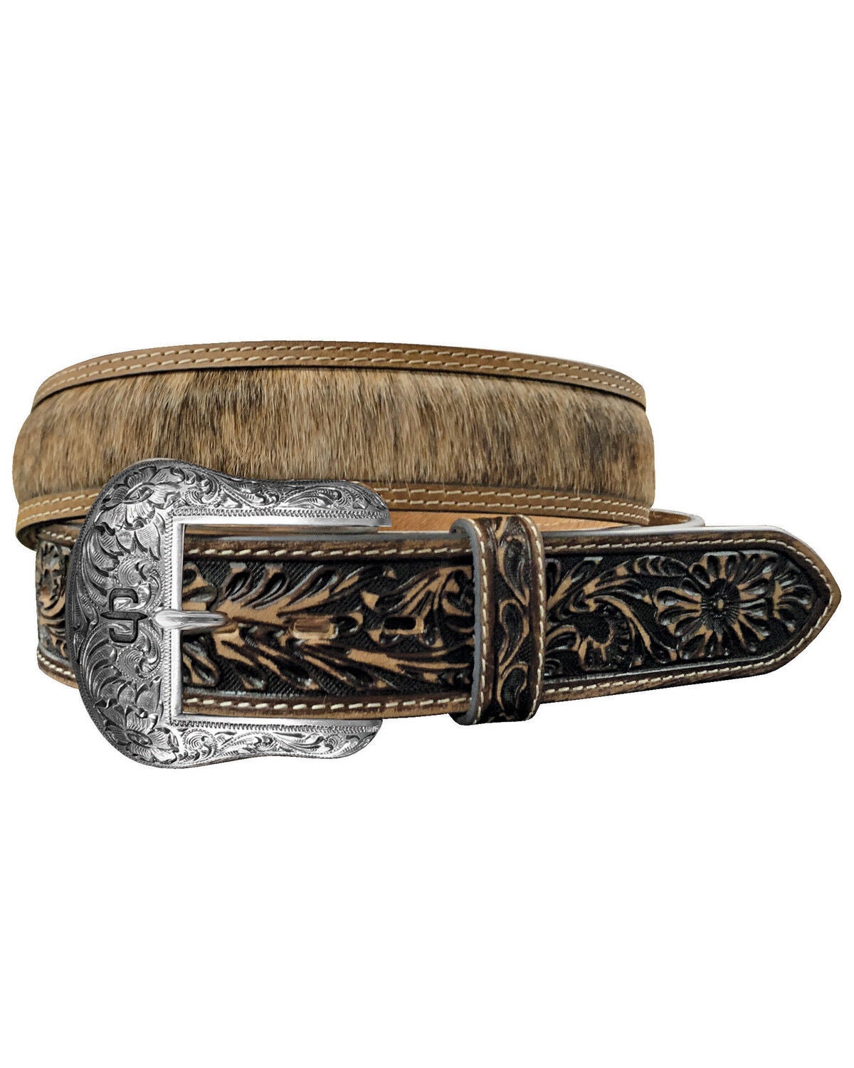 Stetson Men's Hair-On-Hide Tooled Tab Belt, Dark Brown, hi-res