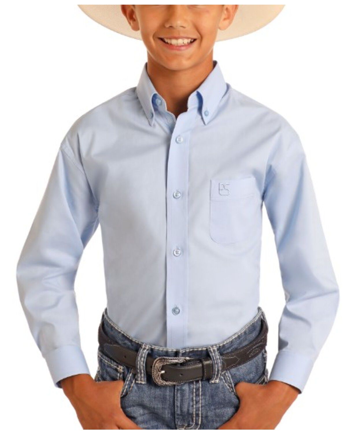 Panhandle Slim Boys' Solid Long Sleeve Button-Down Stretch Western Shirt, Blue, hi-res