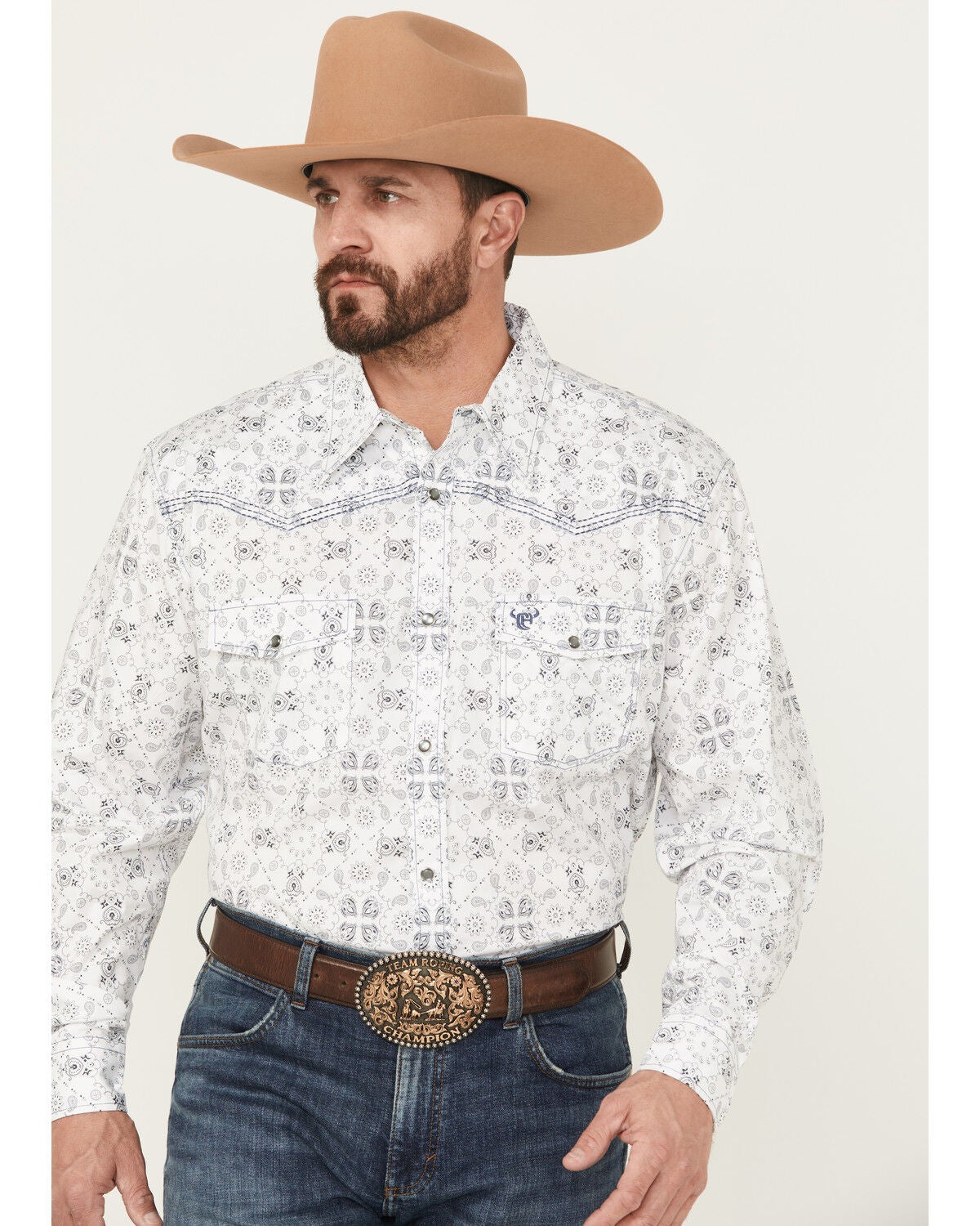 Cowboy Hardware Men's Bandana Print Long Sleeve Pearl Snap Stretch Western Shirt, White, hi-res