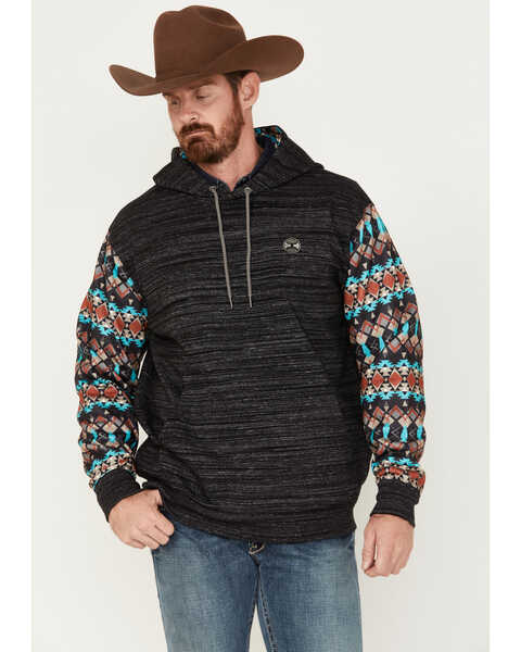 Hooey Men's Space Dye Southwestern Sleeve Hooded Sweatshirt, Charcoal, hi-res