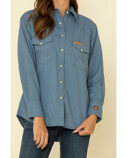 Image #4 - Wrangler Women's FR Blue Snap Long Sleeve Work Shirt, Blue, hi-res
