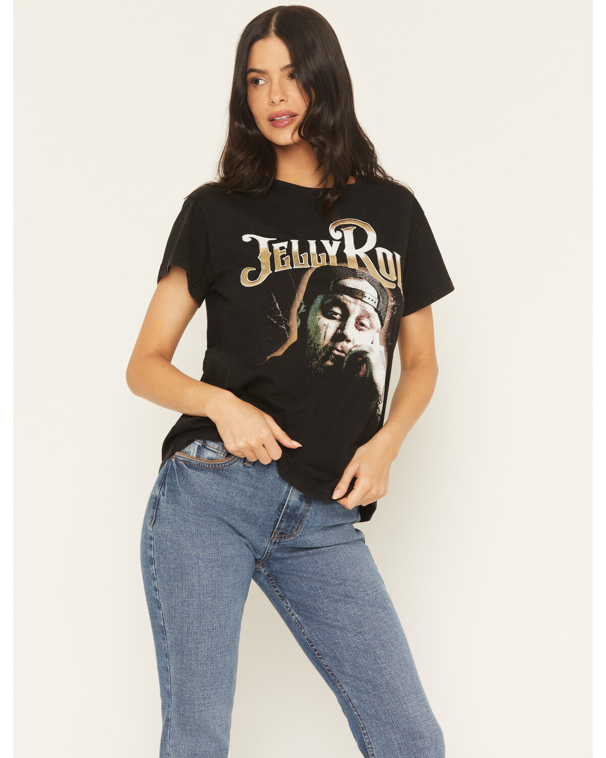 Image #1 - People of Leisure Women's Jelly Roll Face Short Sleeve Graphic Tee, Black, hi-res