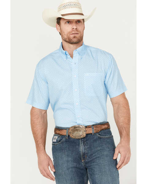 Cinch Men's ARENAFLEX Short Sleeve Button Down Western Shirt, Light Blue, hi-res