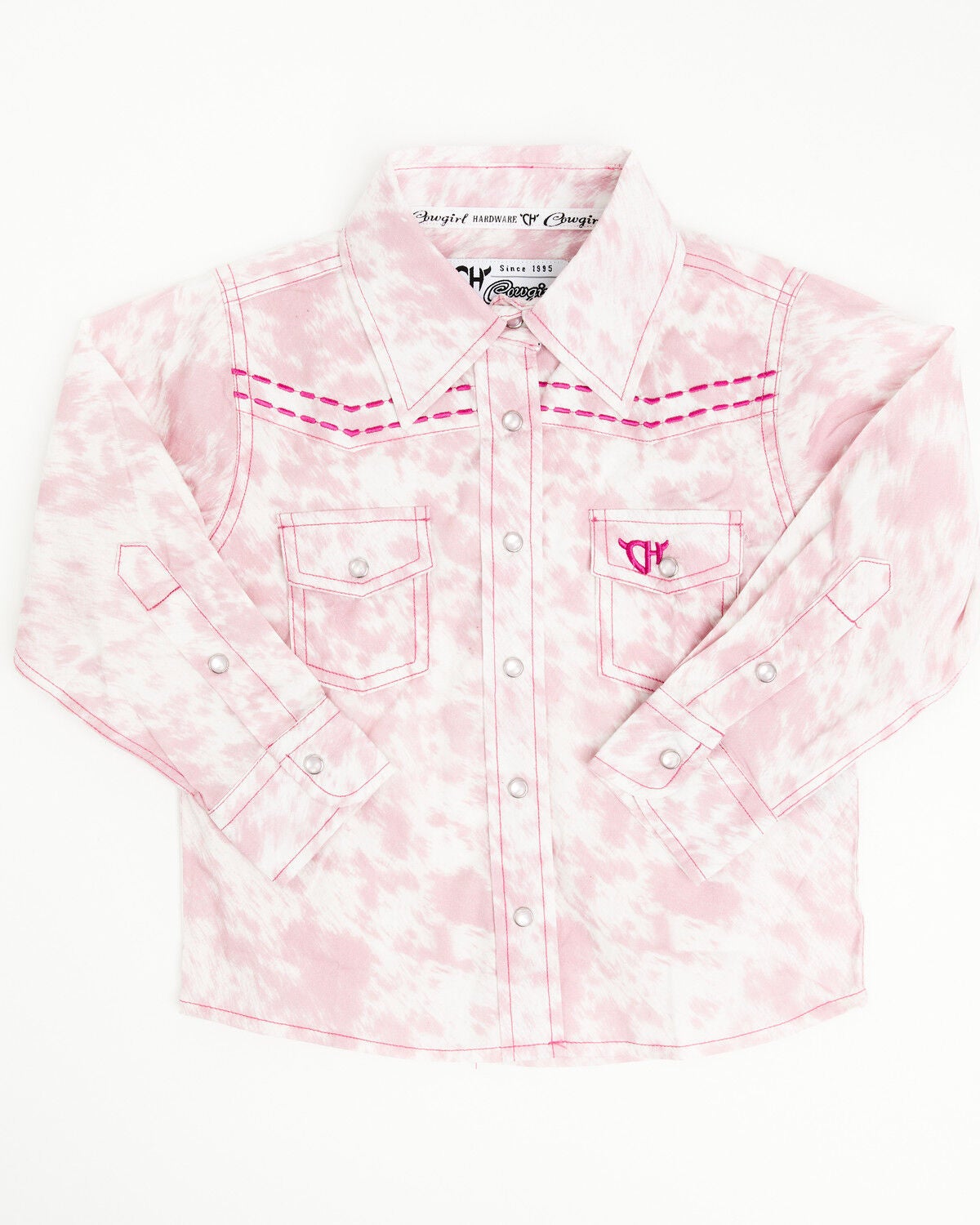 Cowgirl Hardware Toddler Girls' Cowhide Print Long Sleeve Snap Western Shirt, Pink, hi-res