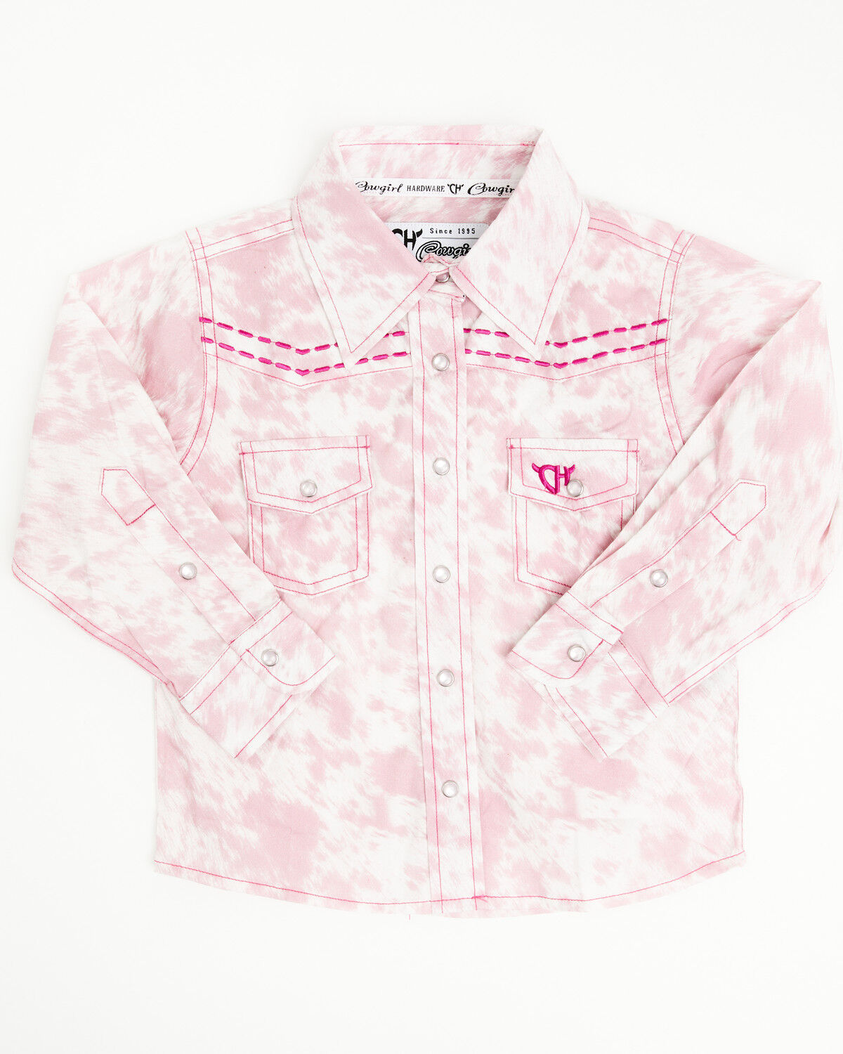 Image #1 - Cowgirl Hardware Toddler Girls' Cowhide Print Long Sleeve Snap Western Shirt, Pink, hi-res