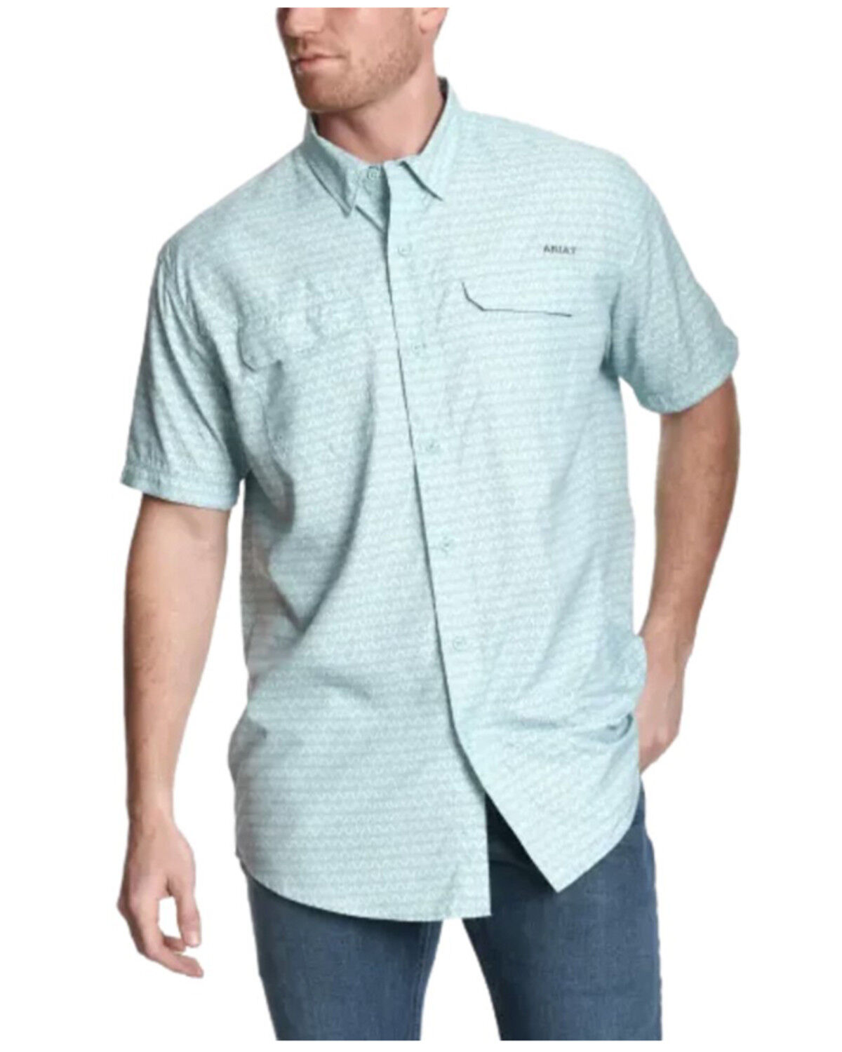 Image #1 - Ariat Men's VentTek Geo Print Short Sleeve Button-Down Western Shirt, Aqua, hi-res