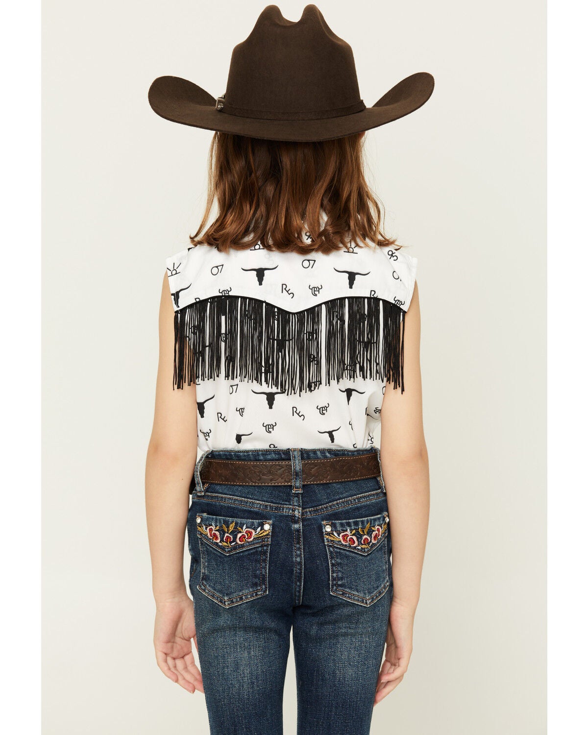Image #4 - Cowgirl Hardware Girls' Branding Iron Fringe Sleeveless Snap Western Shirt, Black/white, hi-res