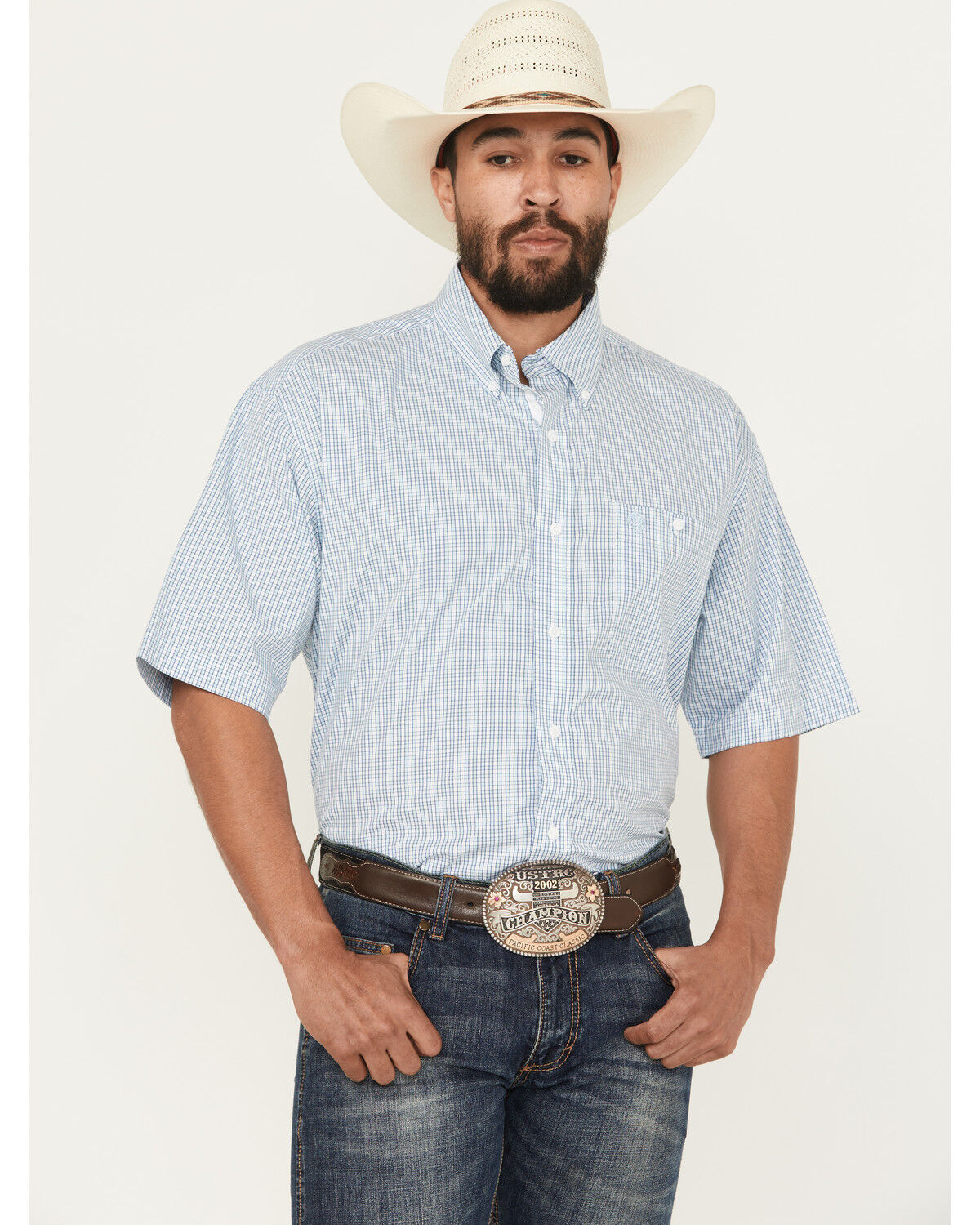 Image #1 - George Strait by Wrangler Men's Plaid Print Short Sleeve Button-Down Stretch Western Shirt, Blue, hi-res