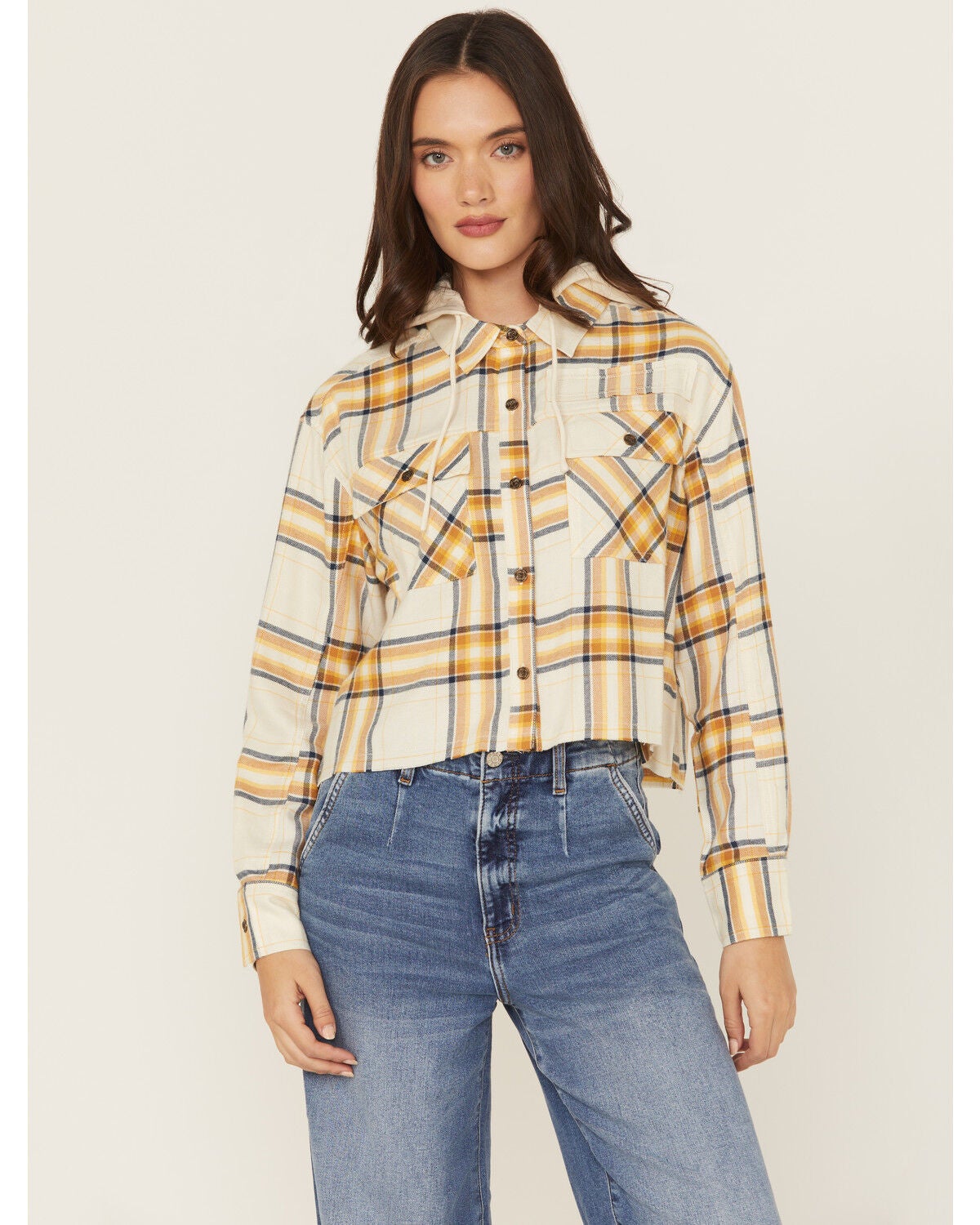 Cleo + Wolf Women's Cropped Flannel Hooded Shacket, Sand, hi-res