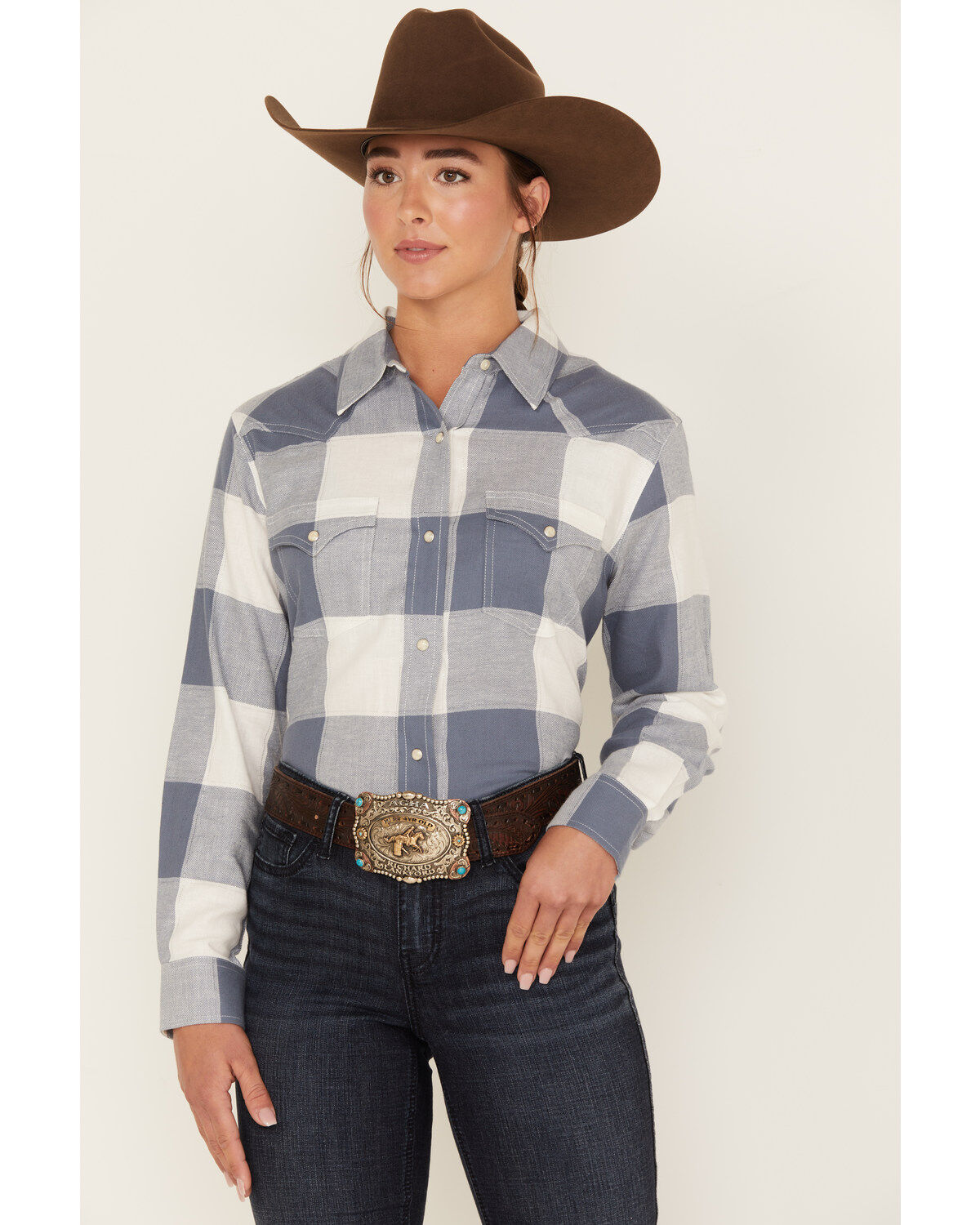Wrangler Women's Boot Barn Exclusive Buffalo Check Print Long Sleeve Western Flannel Snap Shirt, Blue/white, hi-res