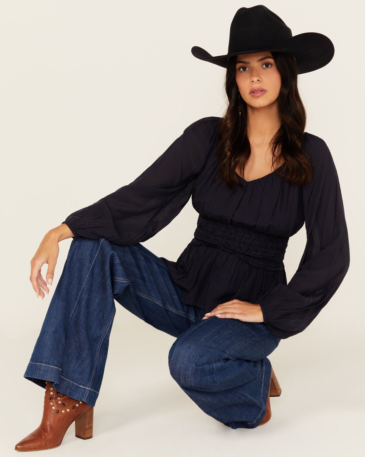 Shyanne Women's Dobby Pinstripe Long Sleeve Blouse, Indigo, hi-res