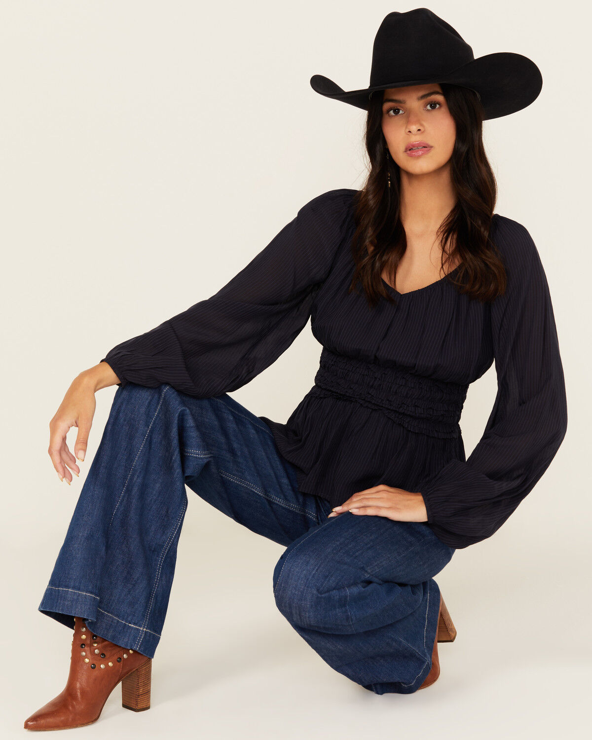 Image #1 - Shyanne Women's Dobby Pinstripe Long Sleeve Blouse, Indigo, hi-res